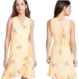 Rails Madison Linen Wrap Dress Size Large Yellow Floral Ruffle Hem Summer Brunch